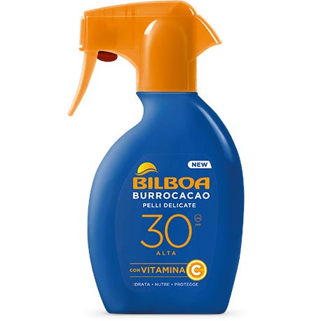 Bilboa Burrocacao Sun Spray Trigger SPF 30, high sun protection for sensitive skin, with vitamin C, moisturizing, nourishing and protecting, alcohol-free, dermatologically tested, 250 ml