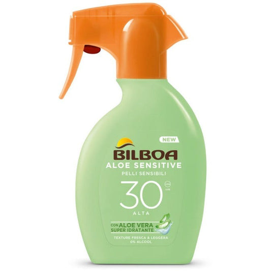 Bilboa Aloe Sensitive Body Sunscreen SPF 30, High Sun Spray for sensitive skin, formula with aloe vera, alcohol-free, water-resistant, 250 ml 