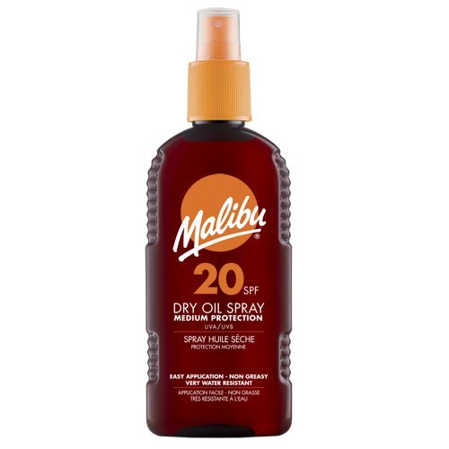 Malibu Sun SPF 20, non-greasy dry oil spray for tanning, high protection, water-resistant, 200 ml