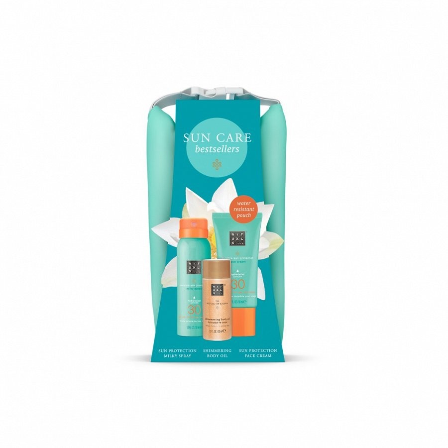 RITUALS The Ritual of Karma Summer Trio Sun Lotion SPF30, Facial Sun Cream SPF30 and Luminous Body Oil, sun protection skincare gift set, made with white tea and lotus flower